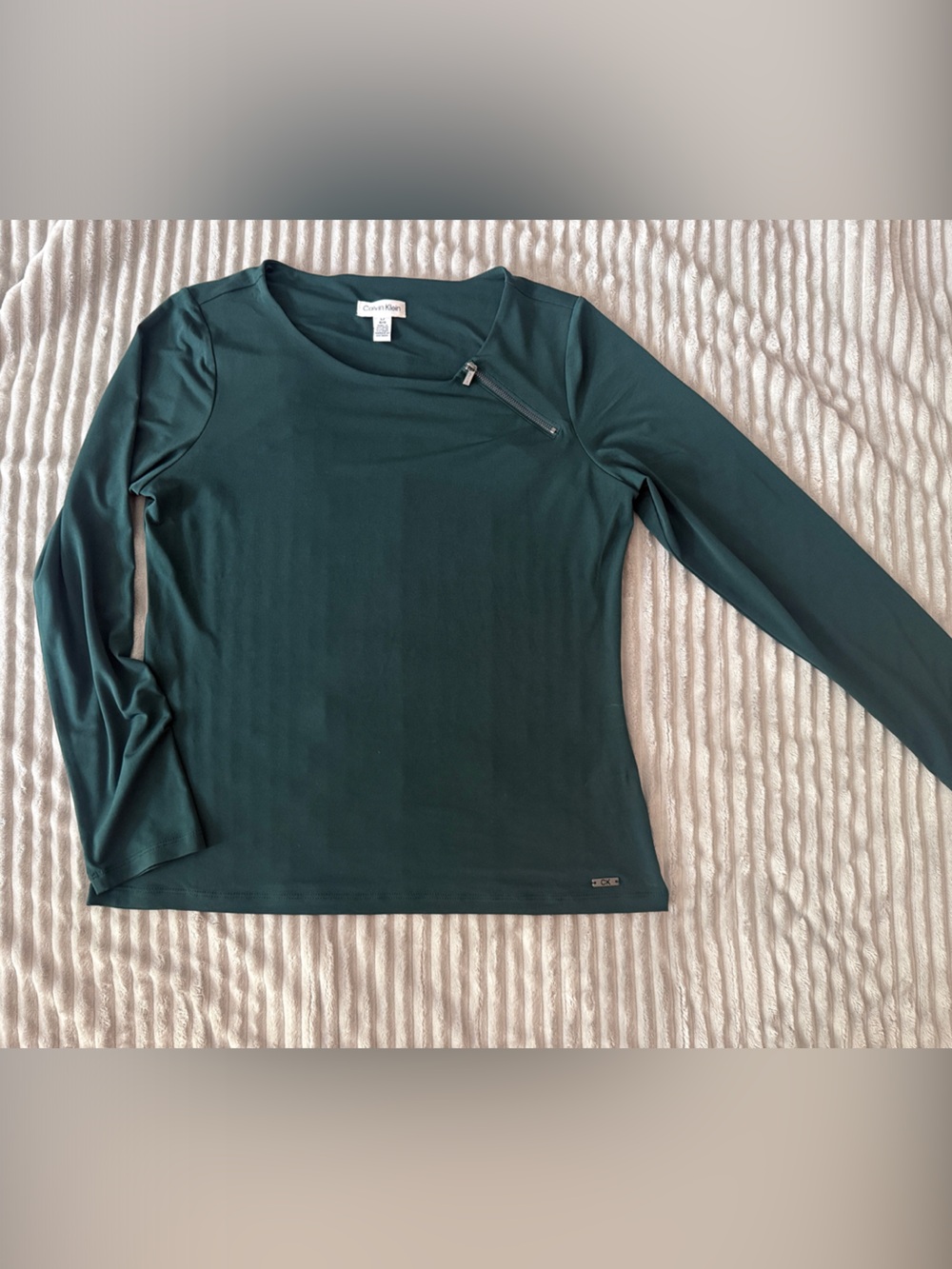 Calvin Klein Forest Green Long Sleeve Zip-Shoulder Top
